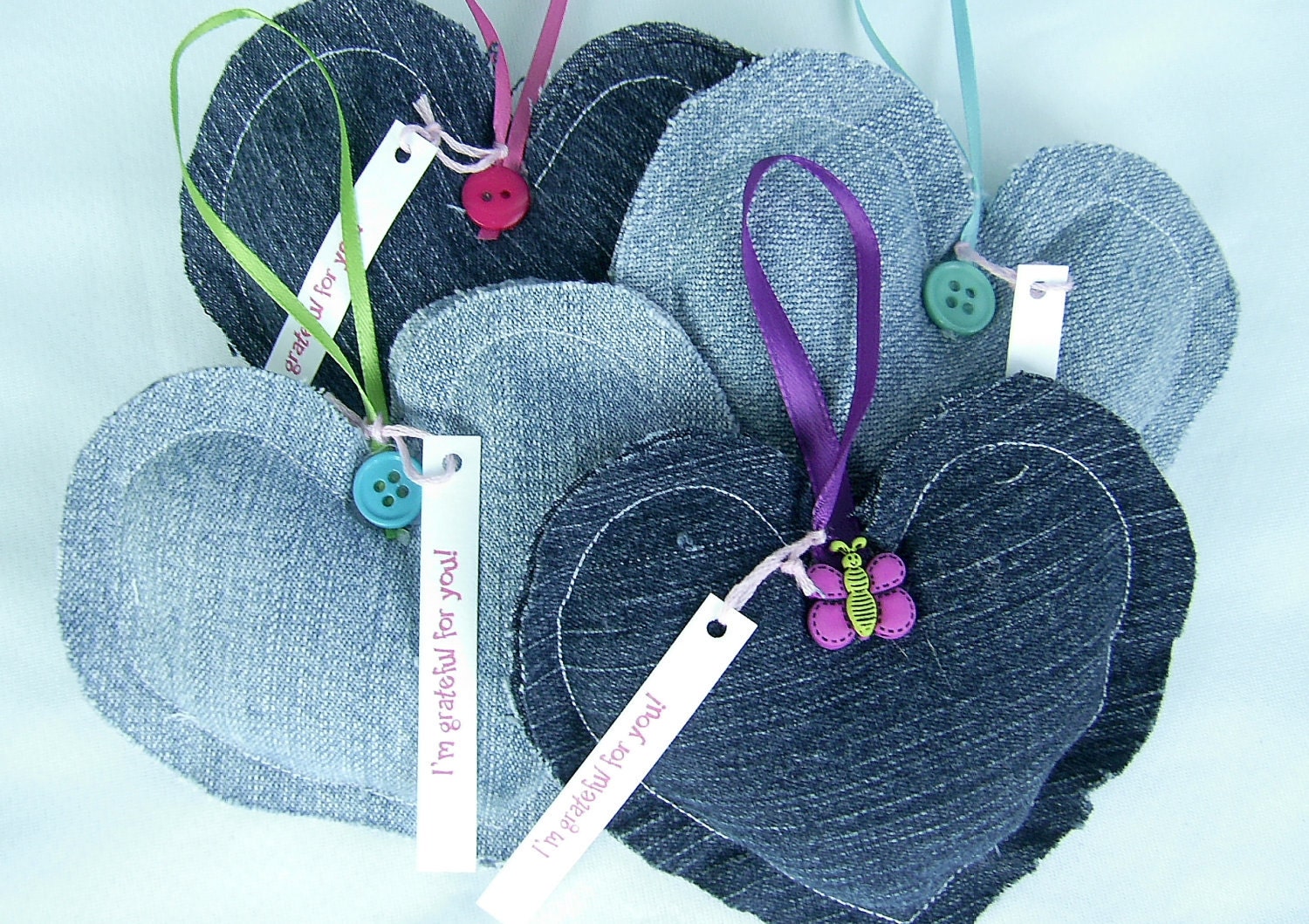 Denim Heart Ornaments Thank You Gift Grateful Hearts Set