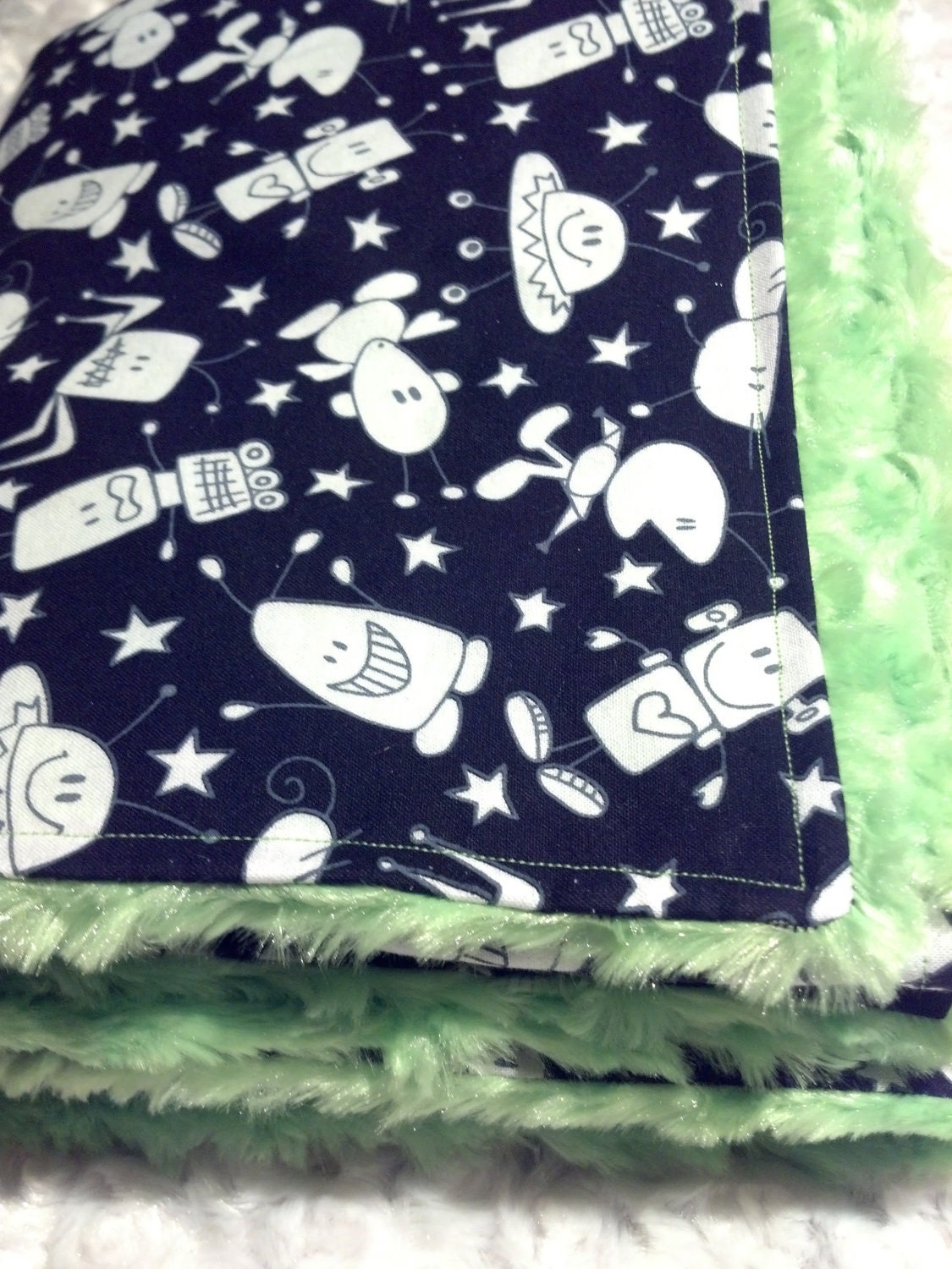Black Friday 20% off with code: BLACKFRIDAY20 - Black White Aliens and Stars with Lime Green Minky Toddler  Blanket - Ready To Ship