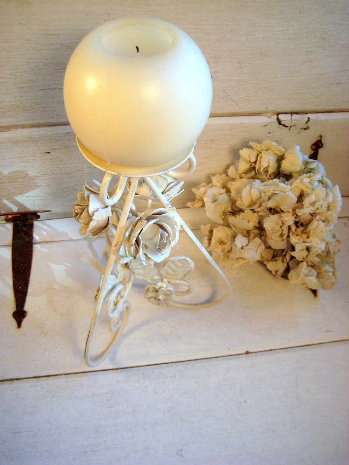 Vintage metal Candle holder with roses,wedding decor, flowers and leaves, Antique White chippy paint