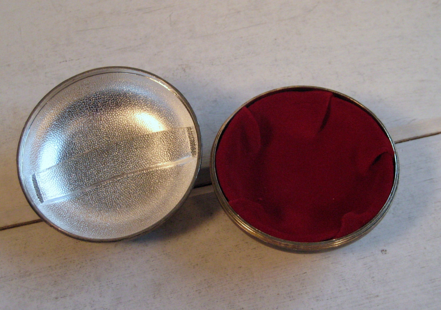 Vintage Silver plate jewelry box with red velvet lining and an aged patina