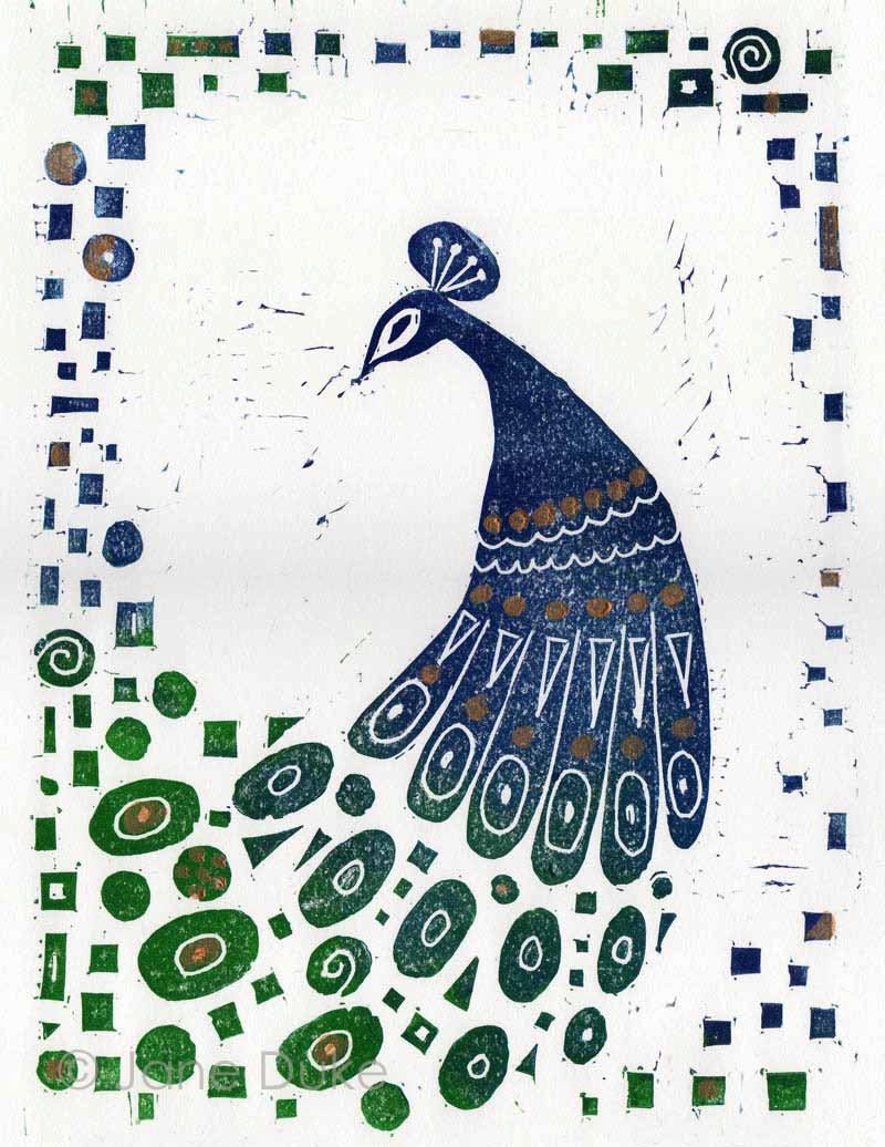 Peacock Linocut Relief Print unframed blue green gold