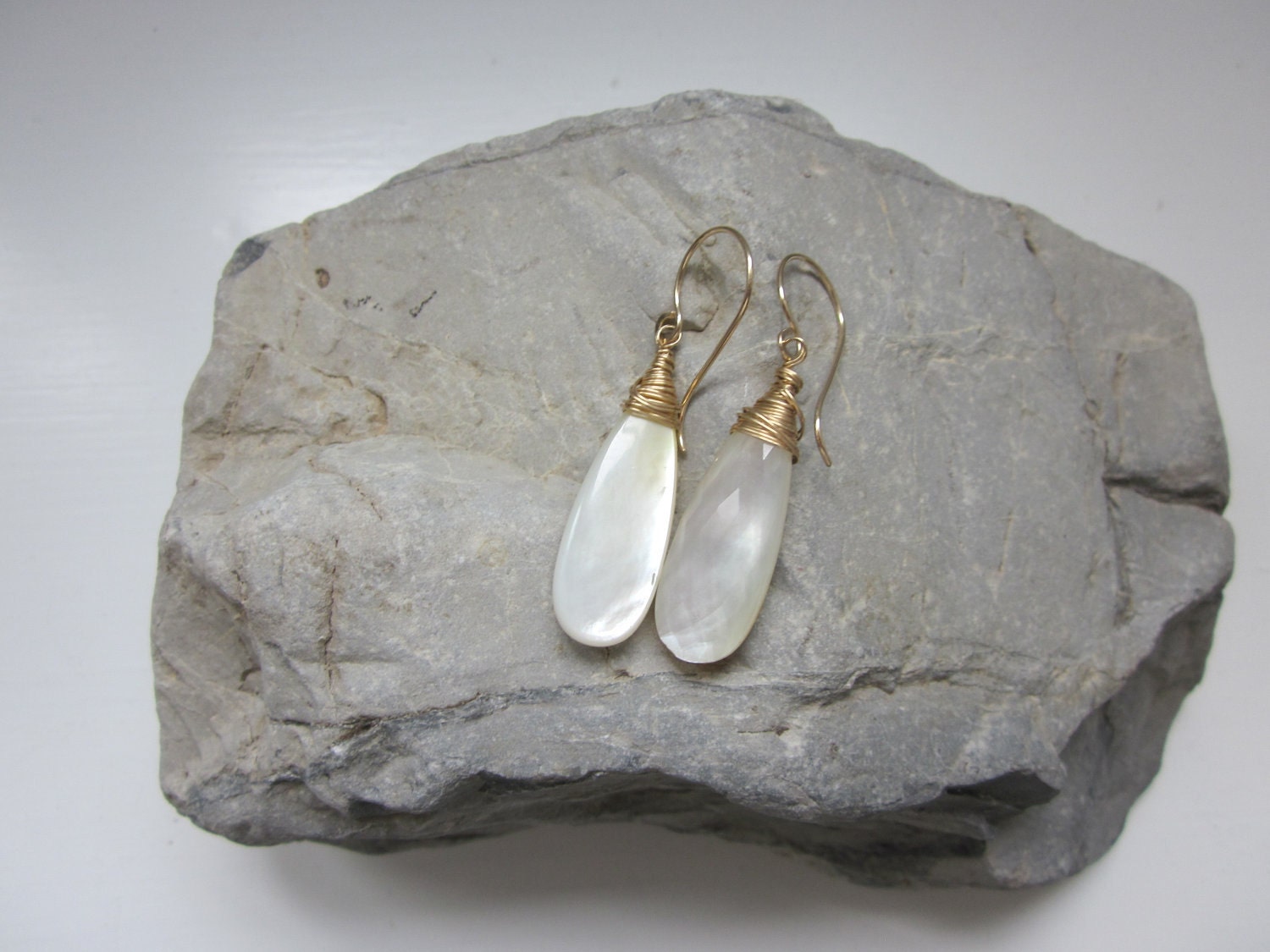 White Topaz MOP Mother of Pearl Doublet Elongated Dangle Briolettes Gold Filled Earrings - 'Capture the Moon'