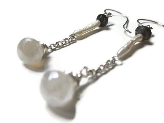 AB Mystic Chalcedony, Freshwater Stick Pearl, and Labradorite Dangle Sterling Silver Earrings ... Bridal and Casual