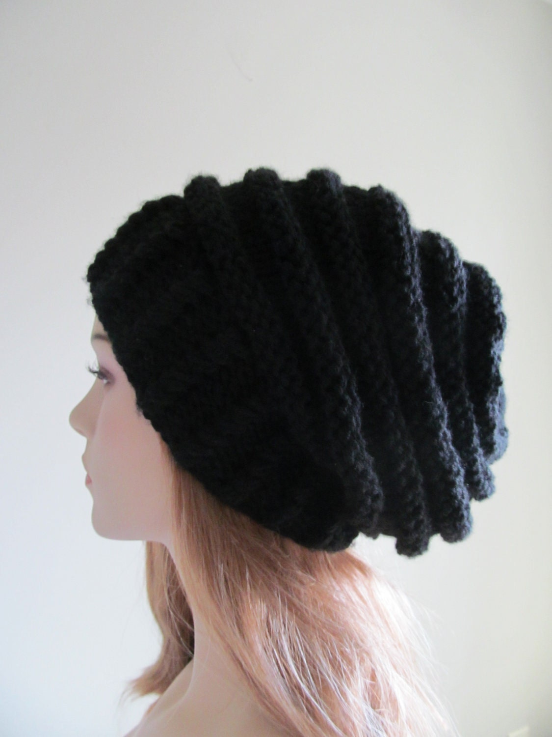 Slouchy Beanie Slouch Hats Oversized Baggy  womens Fall Winter accessory Black Hand Made Knit