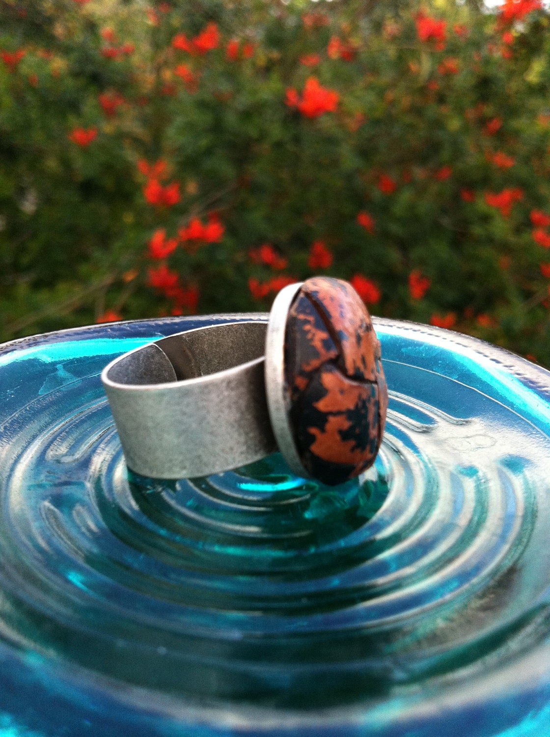 Vintage Leather Button Ring on Steel Adjustable Band