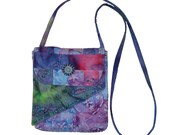 Beaded Blue Flower Batik Print Quilted Messenger Bag Purse
