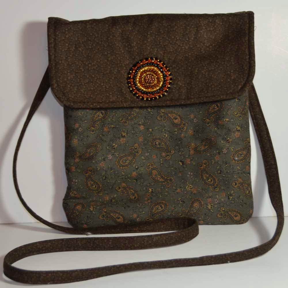 Paisley  With Brown Flap Messenger  Bag Purse with Handmade Beaded Button