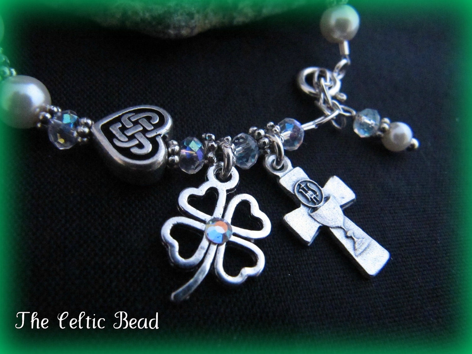 Celtic Irish Pearl & Crystal Communion Heart and Shamrock Rosary Bracelet
