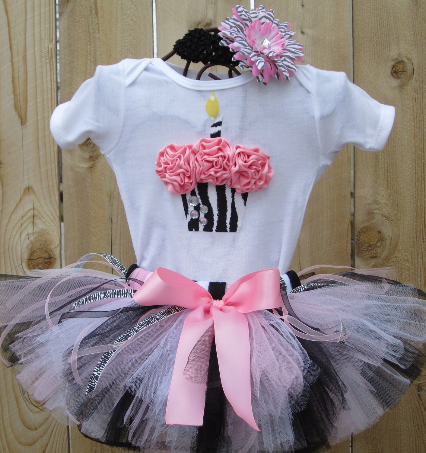 WILD ZEBRA PINK Birthday Girl Set - 3D Cupcake Onesie and Tutu Skirt and Matching Flower Headband- 1st 2nd 3rd 4th 5th Birthday