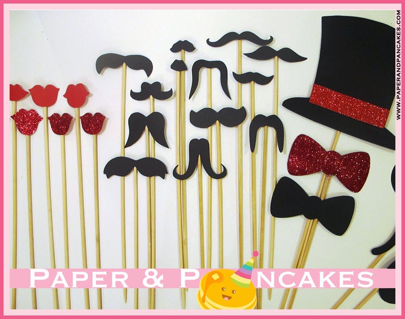 Photo Booth Props. Lips, Monocole Glasses, Top Hat, and Mustache on a Stick. Wedding, Birthday, Party Photo Props - 25 Piece Set
