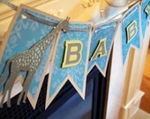 Baby Shower Banner - Features Beautiful Metallic Silver Giraffe & Elephant