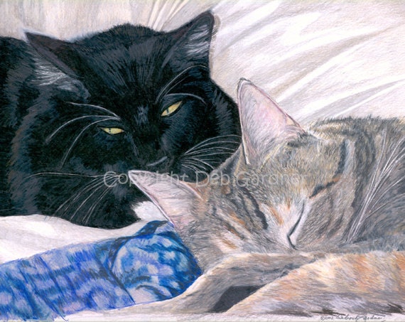 Cat Art Print: Sleepy Soft Kitty Friends Fine Art Giclee Signed by Deb Gardner - 8x10