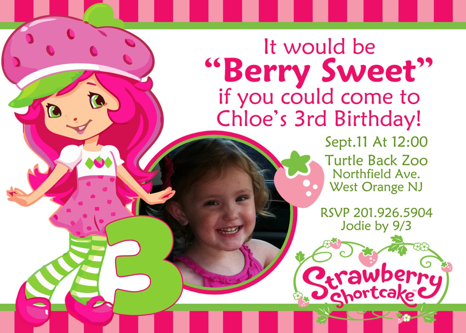 Strawberry Shortcake Invitation Digital File 4X6 or 5X7