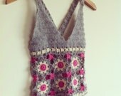 FREE SHIPPING, Gray Crochet Top with Lovely Flovers
