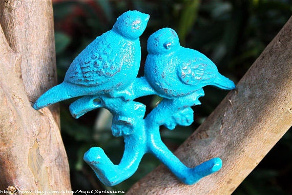 Turquoise Blue Bird Wall Hook / Whimsy Love Birds /Whimsical Key hanger /Bright coat rack /Painted towel holder/ distressed /Summer Decor