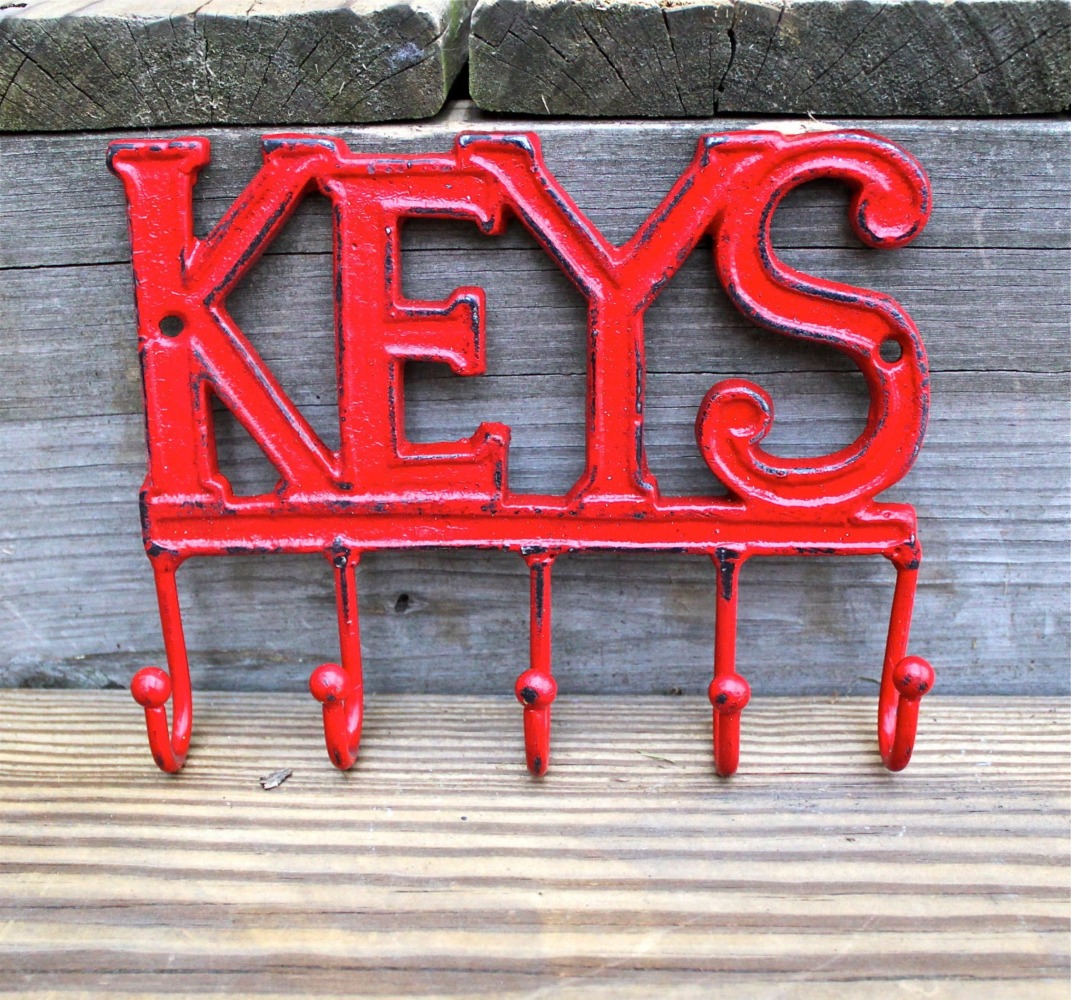 Cast Iron KEYS Hanger/ Bright Red Key Rack/ Bright Fun Wall Hook/ Shabby Chic Decor/ Painted Distressed Metal Holder/ Beach Cottage