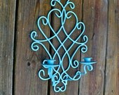 Vintage Candelabra /Aqua /Metal Candle Holder /Upcycled /Painted Shabby Chic Decor/Outdoor decor