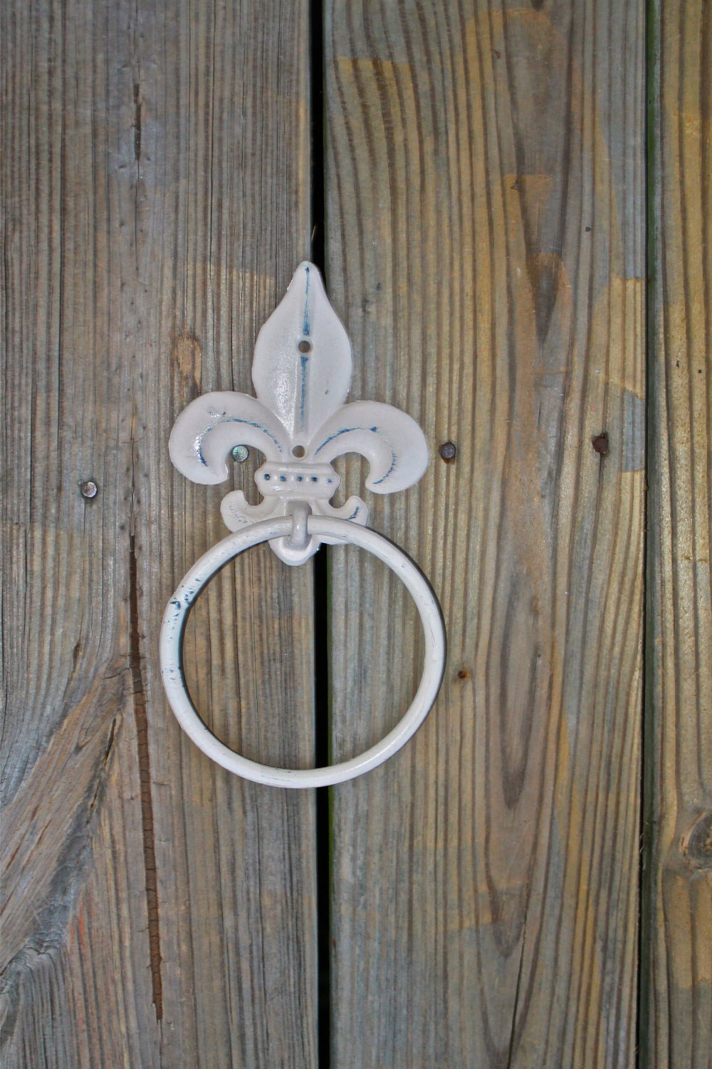 Hand Towel Ring /Ivory /Fleur de lis /Distressed Iron Holder /Bathroom Fixtur /Accessory Rack /Shabby Chic /