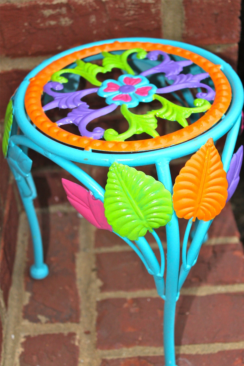 Plant stand,Side Table,Metal,Lime Green,Purple,Orange,Turq Blue,Pink,Colorful,Flower,Leaves,Painted,Bright,Decorative,Chic, Patio Furniture