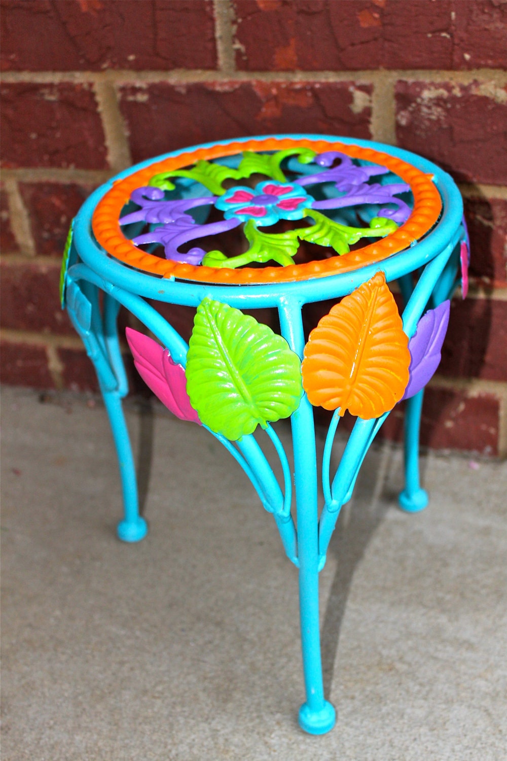 Plant stand,Side Table,Metal,Lime Green,Purple,Orange,Turq Blue,Pink,Colorful,Flower,Leaves,Painted,Bright,Decorative,Chic, Patio Furniture