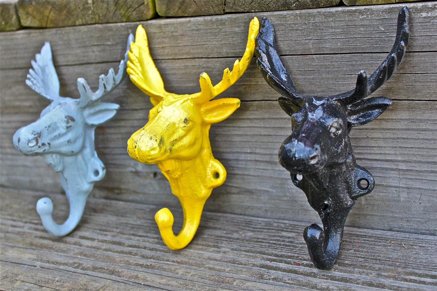 Set of 3 Bright "Moose Head" cast iron Wall Hook: YOU PICK the COLORS/ Shabby Chic/  Lodge, Cabin Decor/ Key Hanger, Coat Rack, Towel Holder