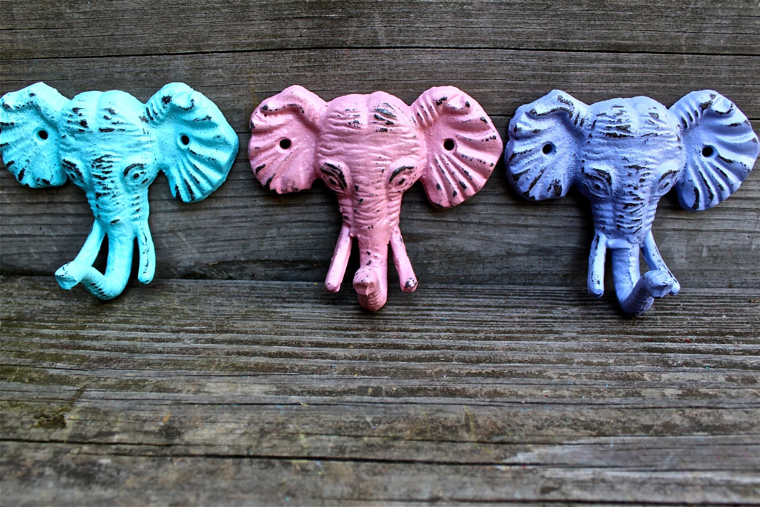 Set of 3 Bright "Elephant" cast iron Wall Hook:Pink,Turquoise,Lime Green,Shabby Lodge,Cabin,Safari Decor/ Key Hanger, Towel Holder