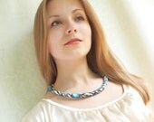 OOAK Bead Crochet Necklace "First flowers"   gift for her  Blue and White  Gift under 100  Free shipping Beadwork