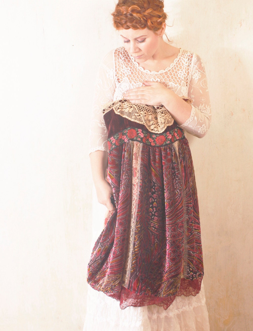 Babydoll dress Gypsy Bohemian dress Lace dress Empire dress Red dress Gypsy dress Red velvet dress Hippie boho dress Russian RESERVED