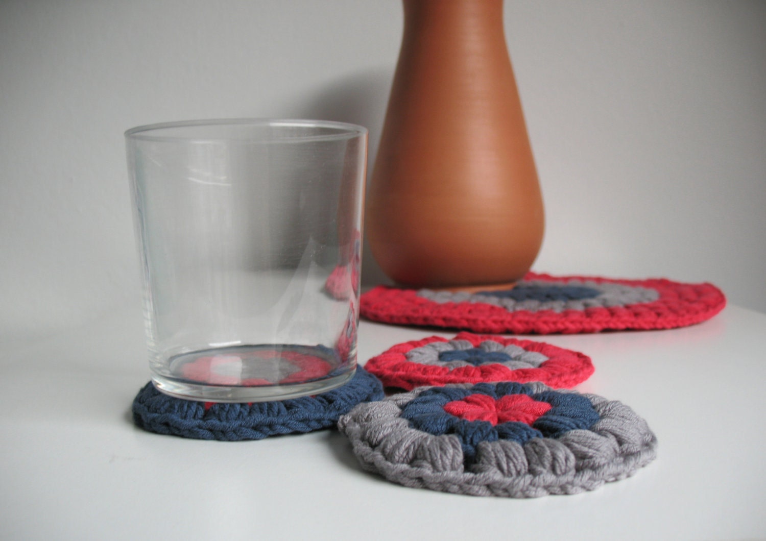 Cotton crochet coasters - blue gray raspberry  coasters - absorbent coasters