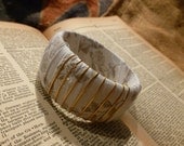 Vintage Inspired Gray and White floral cotton fabric wrapped bangle with gold wire detail