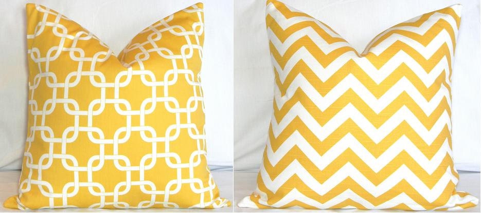 Two 18 x 18 Pillow Covers: Yellow and White Chevron Zig Zag & Gotcha Lattice
