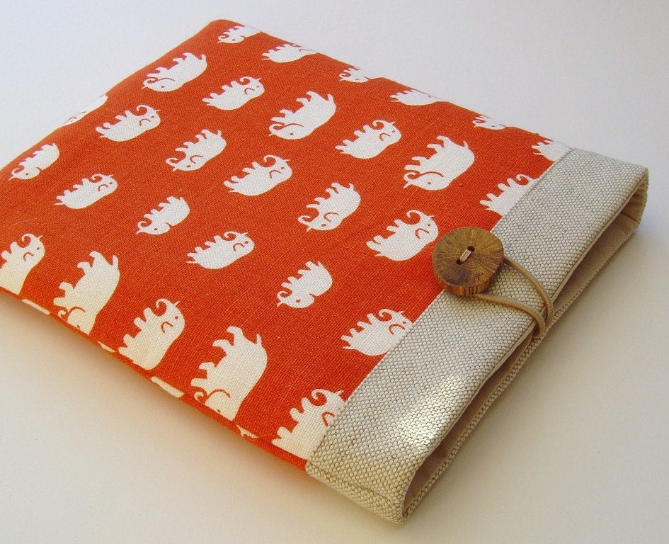 Handcrafted Linen iPad Sleeve with Elephants in Orange and Cream