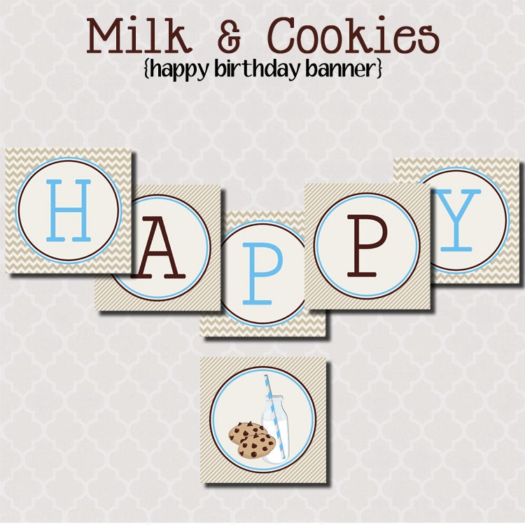 Printable Happy Birthday Banner - Milk & Cookies Party Collection for boys