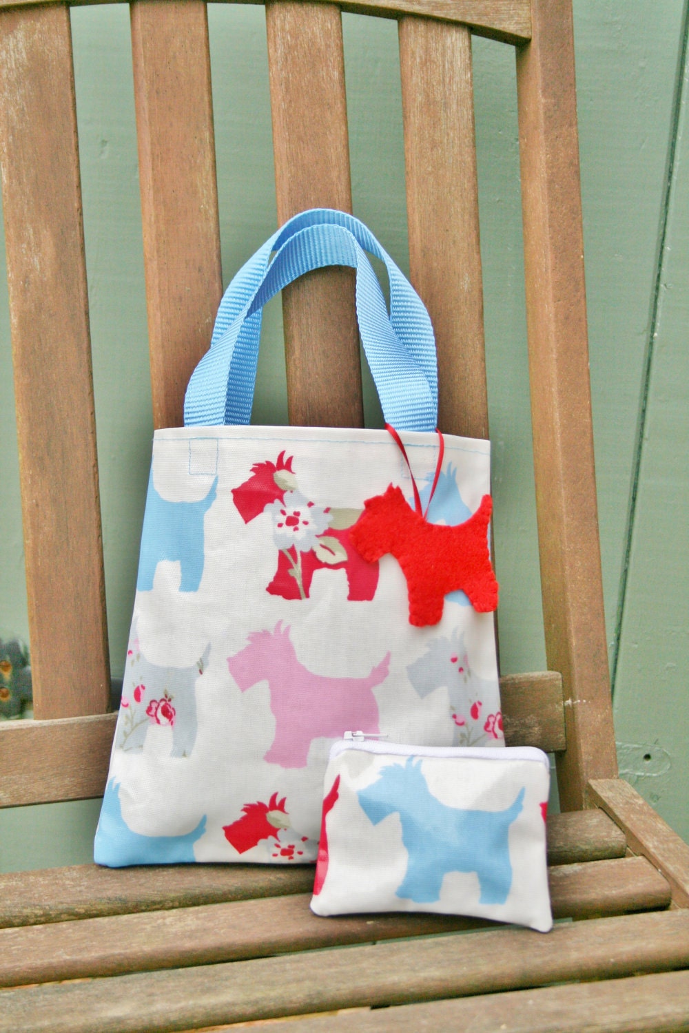 Darling scottie dog oilcloth tote bag and purse set - Hand Made in England