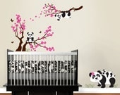 Panda Family with Blossom Branches, panda decal, baby panda, blowing blossoms Nursery Wall Vinyl