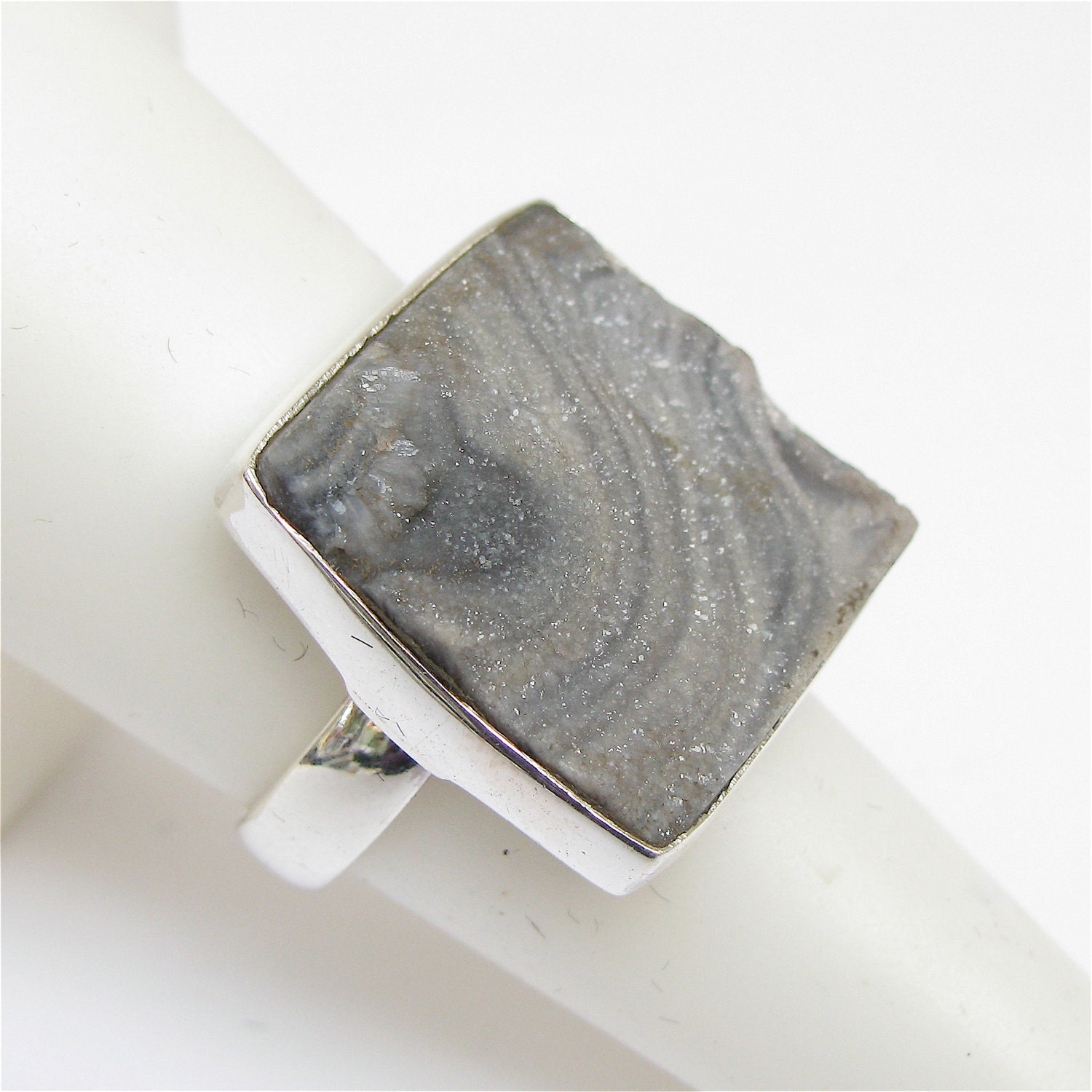 Charcoal Gray Natural Druzy 925 Sterling Silver Cocktial Ring Size 8 Handmade Undyed