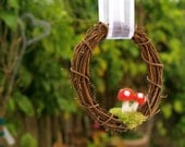 Woodland Wedding Decoration Pomander Toadstool Hanging Wreath Rustic chic Red Moss Fairytale Needle Felted Fairytale Alice In Wonderland
