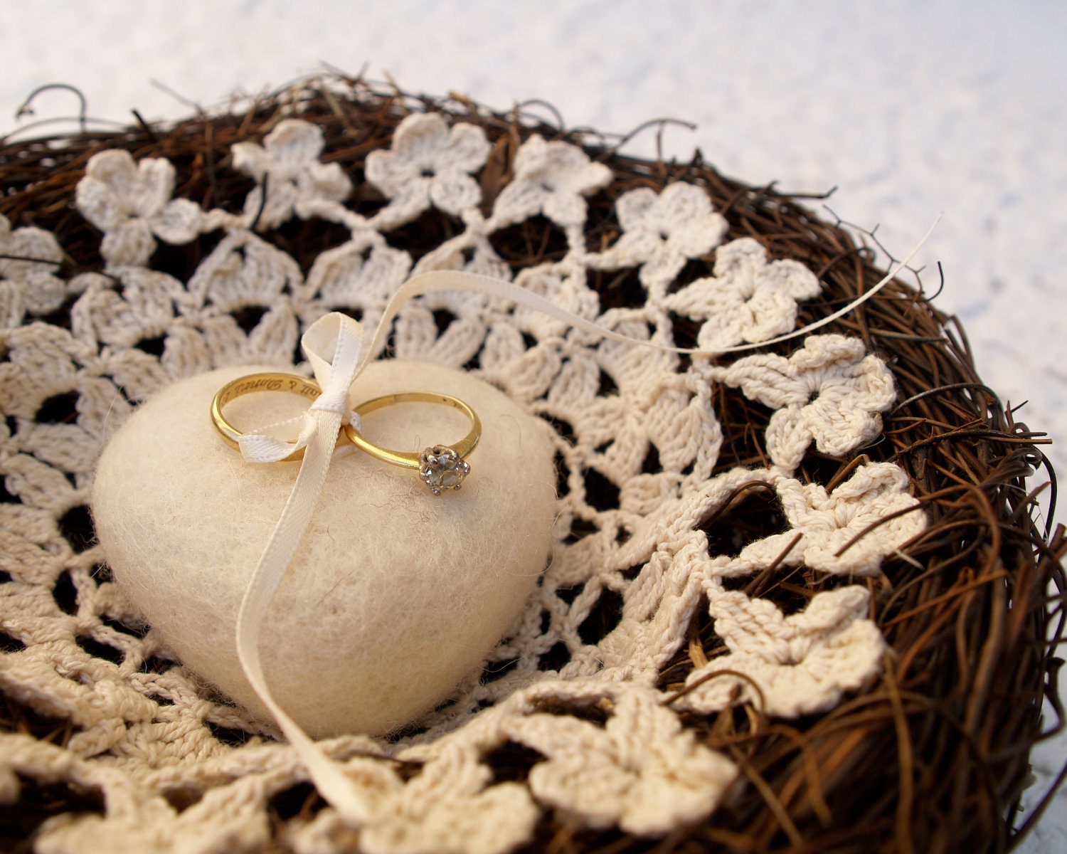 Ring Bearer Pillow Wedding Nest Crochet Needle Felted Heart Woodland Rustic Fairytale Classic Alternative Unique Feminine White Cream