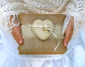 Burlap Ring Bearer Pillow Wedding Needle Felted Heart Country Chic Rustic Fairytale Classic Alternative Unique Brown Tan White Cream