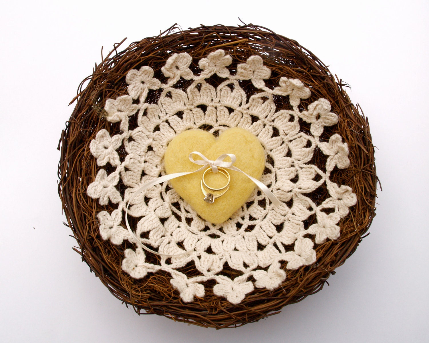 Yellow Ring Basket Nest for your Rustic Wedding, Woodland Pillow with Crochet Base, Lovely Needle Felted Heart, Fairytale Romantic Country