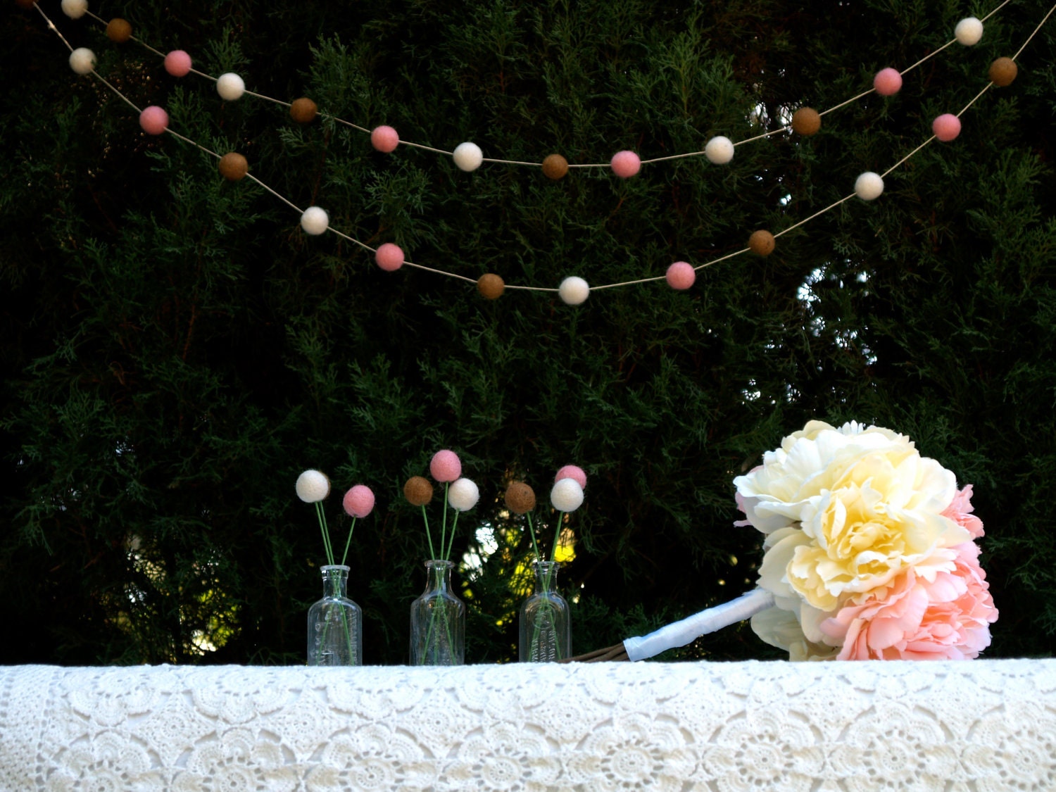 Garland Wedding Decoration Decorating Shabby Chic Country Bohemian Bride Pink Brown White unique fun banner Barn Cake Table Photo Prop Felt