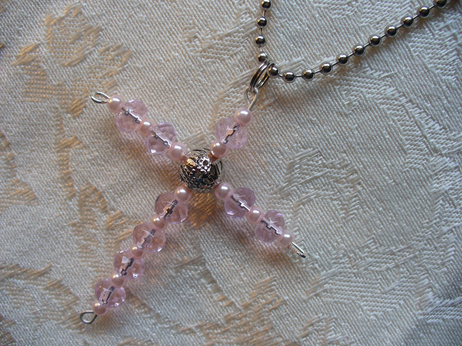 Pink Glass and Pink Pearl Bead Cross Necklace