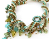 Beaded spiral necklace in Turquoise, White, Silver and Summer Green