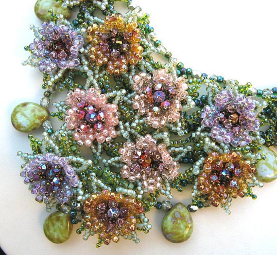 Beaded flower necklace in purple, pink, orange and green