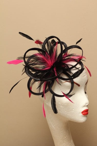 Black and Hot Pink Feather Fascinator Hat - wedding, ladies day - choose any colour feathers & satin