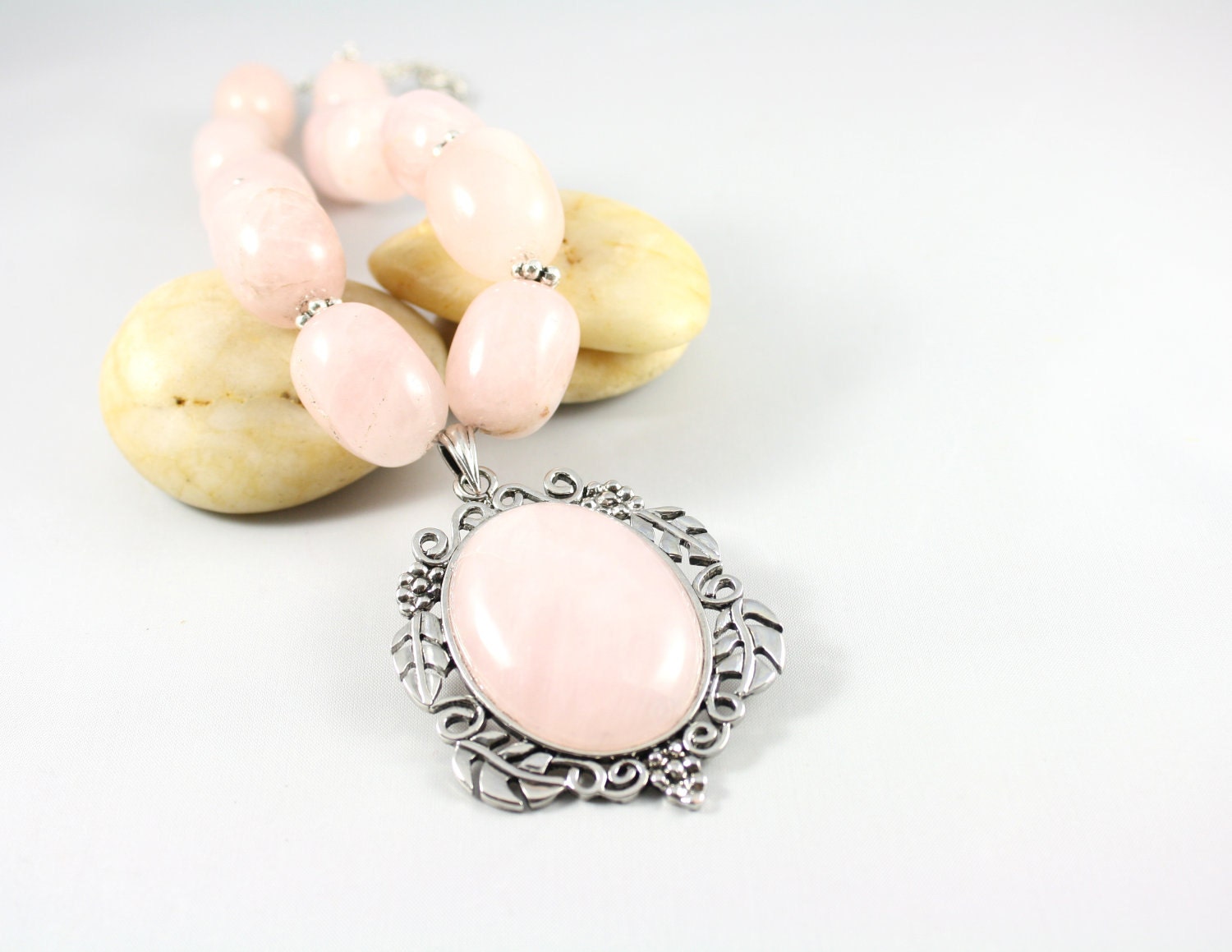 Rose Quartz Necklace -Pastel Pink Gemtone Jewelry Chunky Cabochon Pendant Necklace