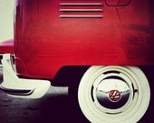 Vintage VW Bus Photograph, Red, Volkswagen, 5x5 metallic print by Kerry.