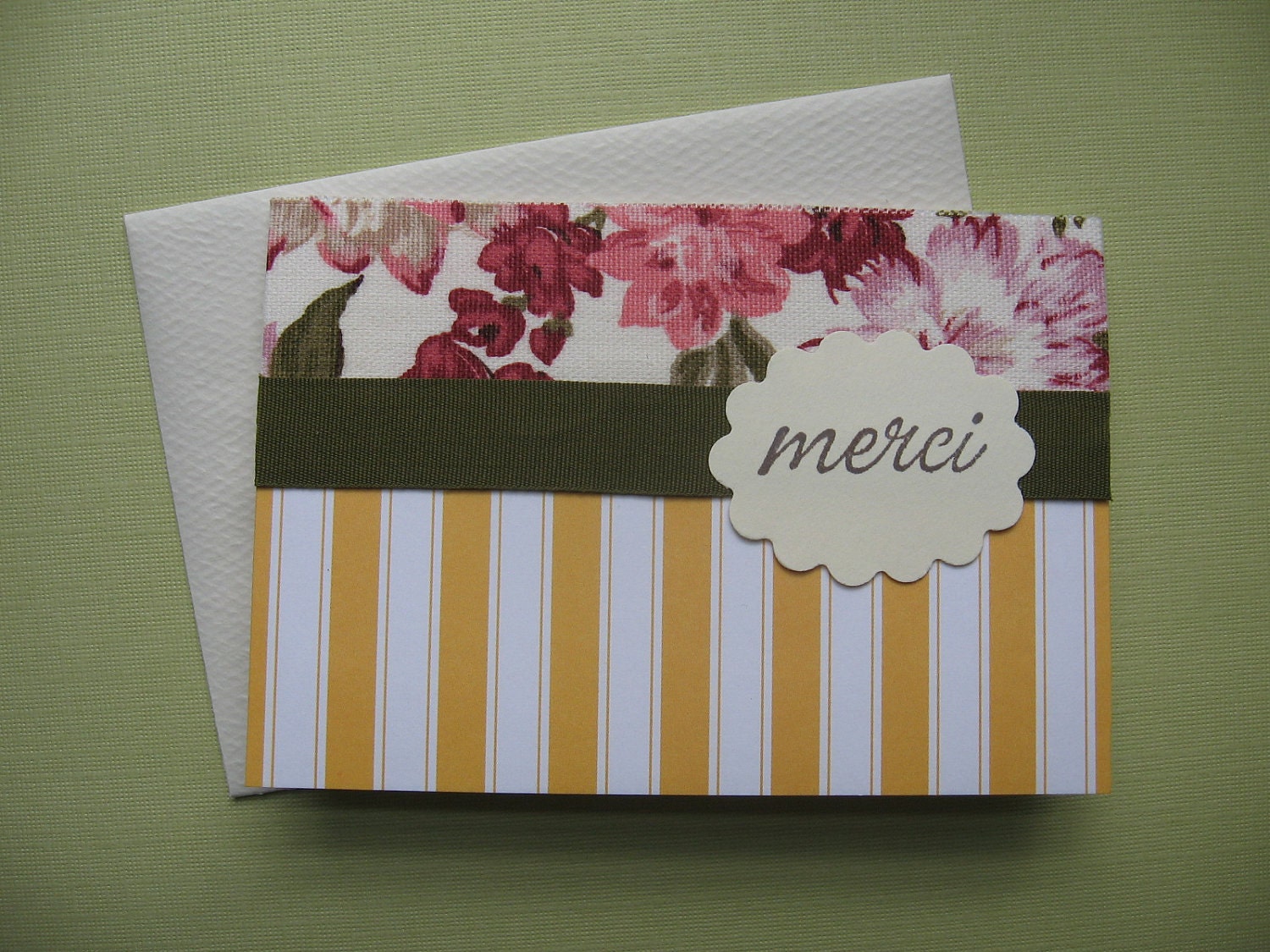 Cottage Fresh Thank You "Merci" Fabric Note Card, 3 1/2 x 4 7/8