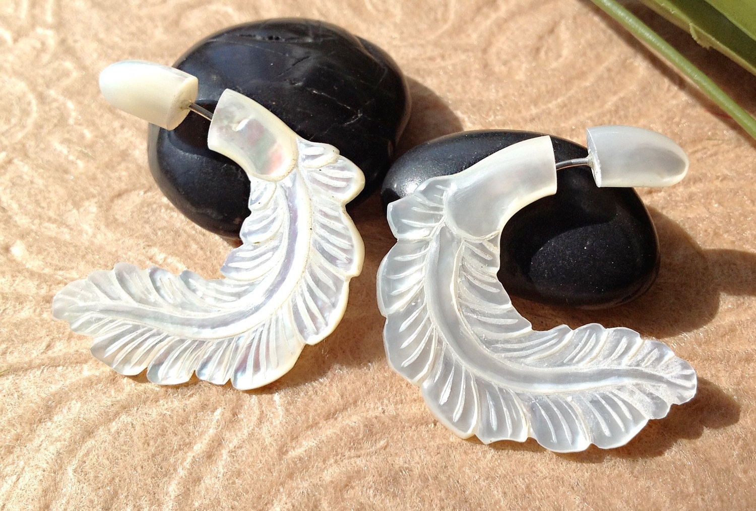 Fake Gauge Earrings, Mother of Pearl/Shell, Hand Carved, Naturally Organic, Tribal