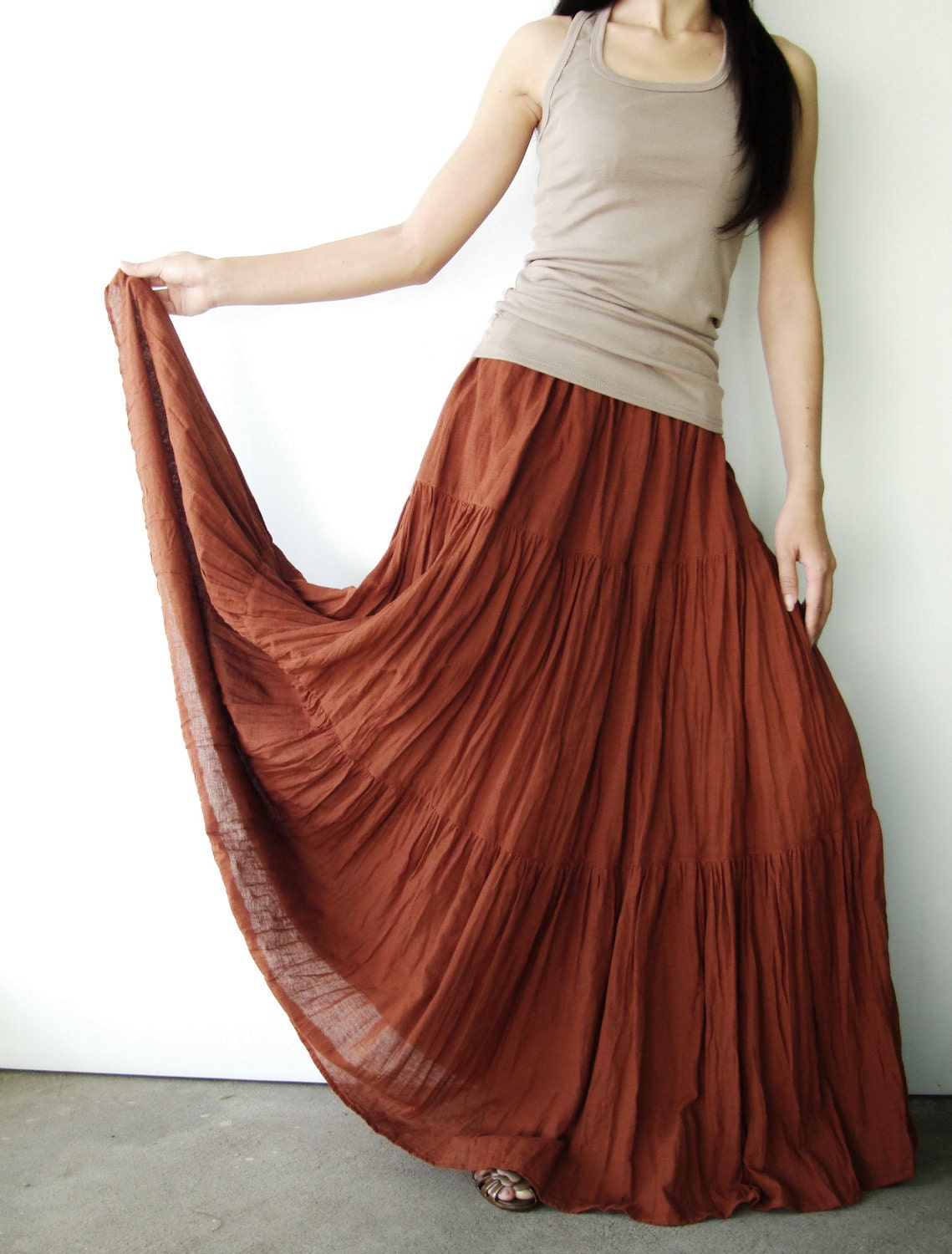 NO.5 Rust Cotton, Hippie Gypsy Boho Tiered Long Peasant Skirt